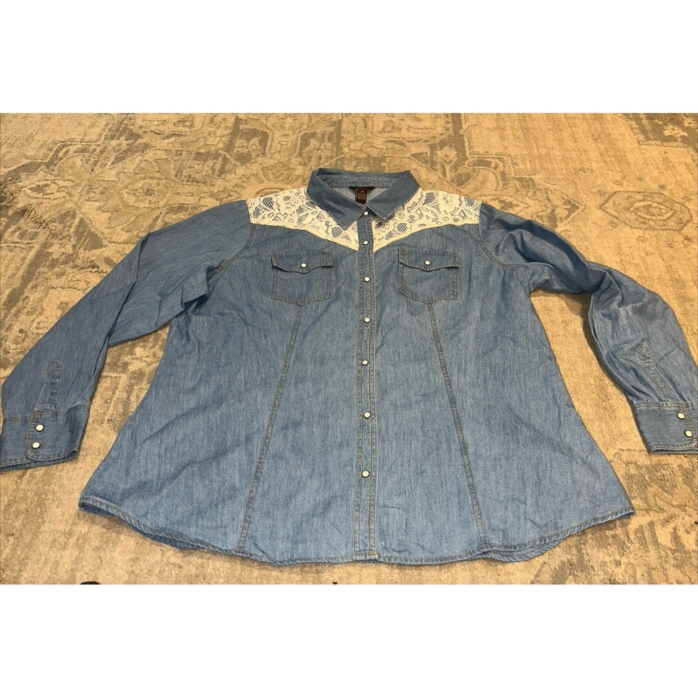 BRIT & BRIDLE Shirt Woman's Western‎ Lace Blue Long Sleeve Snap Up Sz XXL 2XL